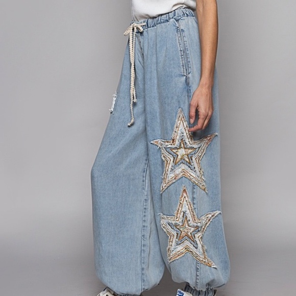 POL Denim Embroidered Stars Boho Patchwork Joggers Pants Women’s Blue Relaxed - Picture 2 of 16